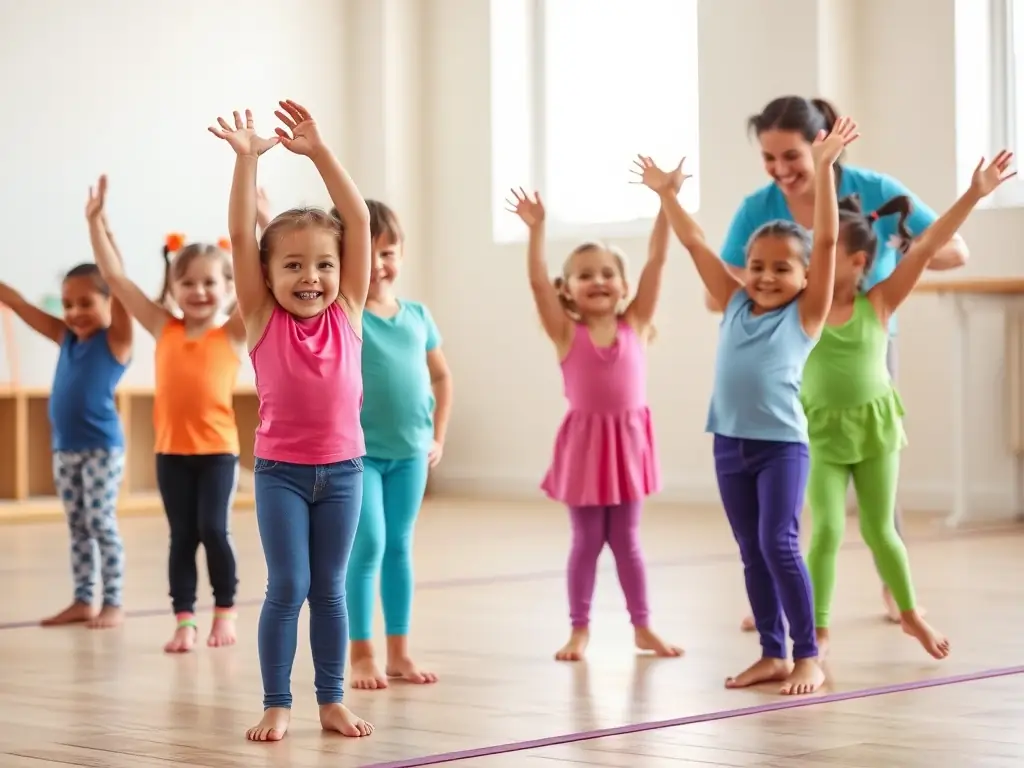 A group of young children in gymnastics attire, smiling and performing basic gymnastic exercises under the guidance of an instructor in a brightly lit gymnasium. The image conveys energy, teamwork, and the joy of learning gymnastics.