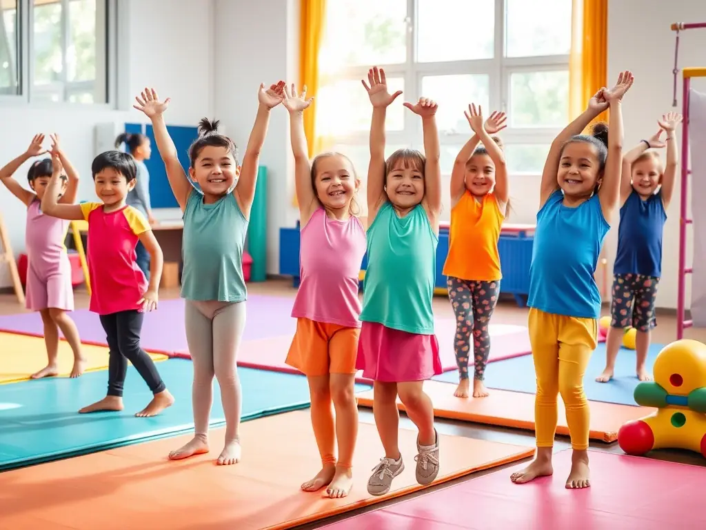 A diverse group of children celebrating a successful gymnastics routine, displaying teamwork, camaraderie, and a sense of accomplishment in a supportive environment.